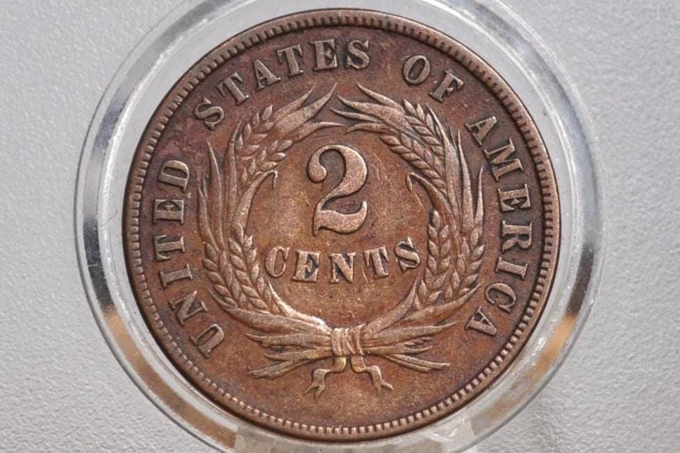 1869 Two Cent US Coin - VG-F (Very Good to Fine) Grade / Condition - Civil War Era - 2 Cent Piece 1869 - Two Cent Coins