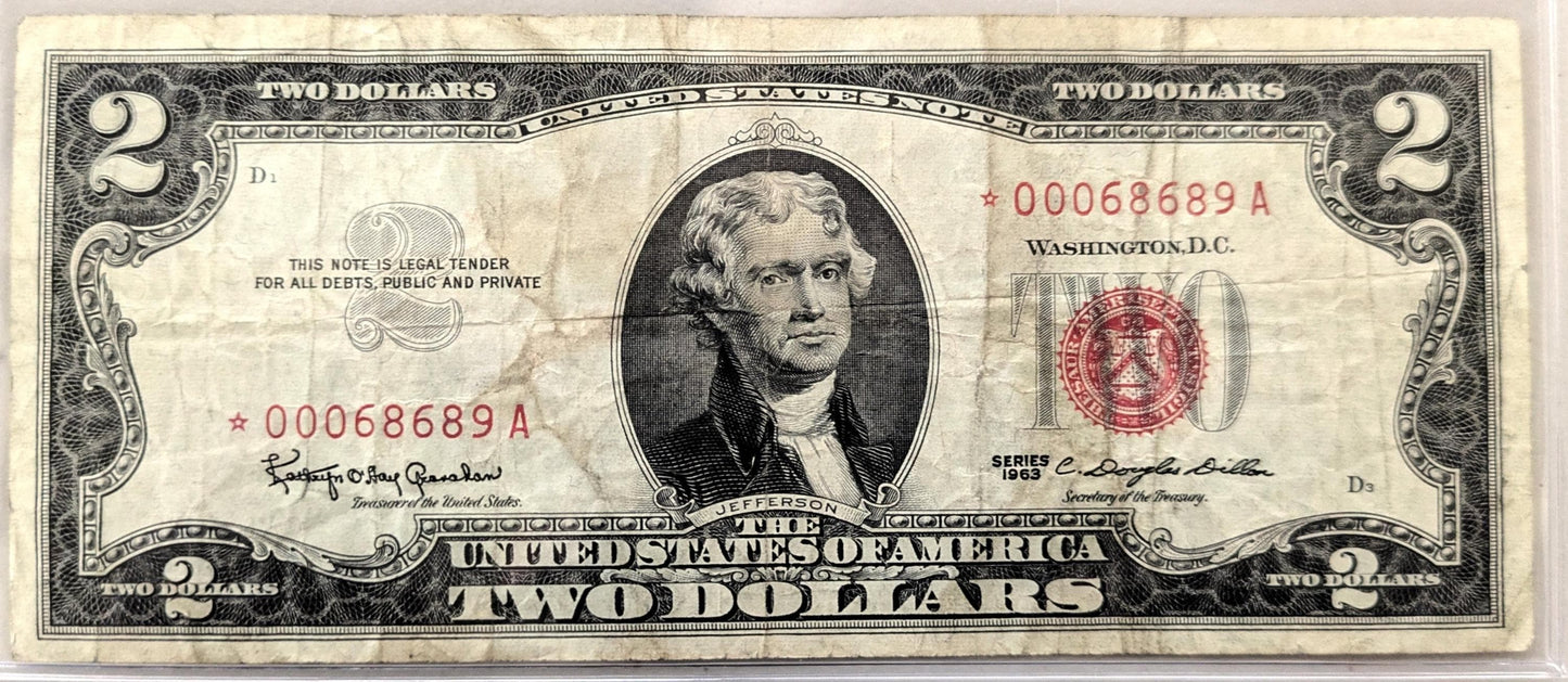 1963 Star Red Seal 2 Dollar Note - Vf (Very Fine) Grade - Low Fancy Serial Number, 5 Digits - 1963 Two Dollar U.s. Star Note - Fr#1513*