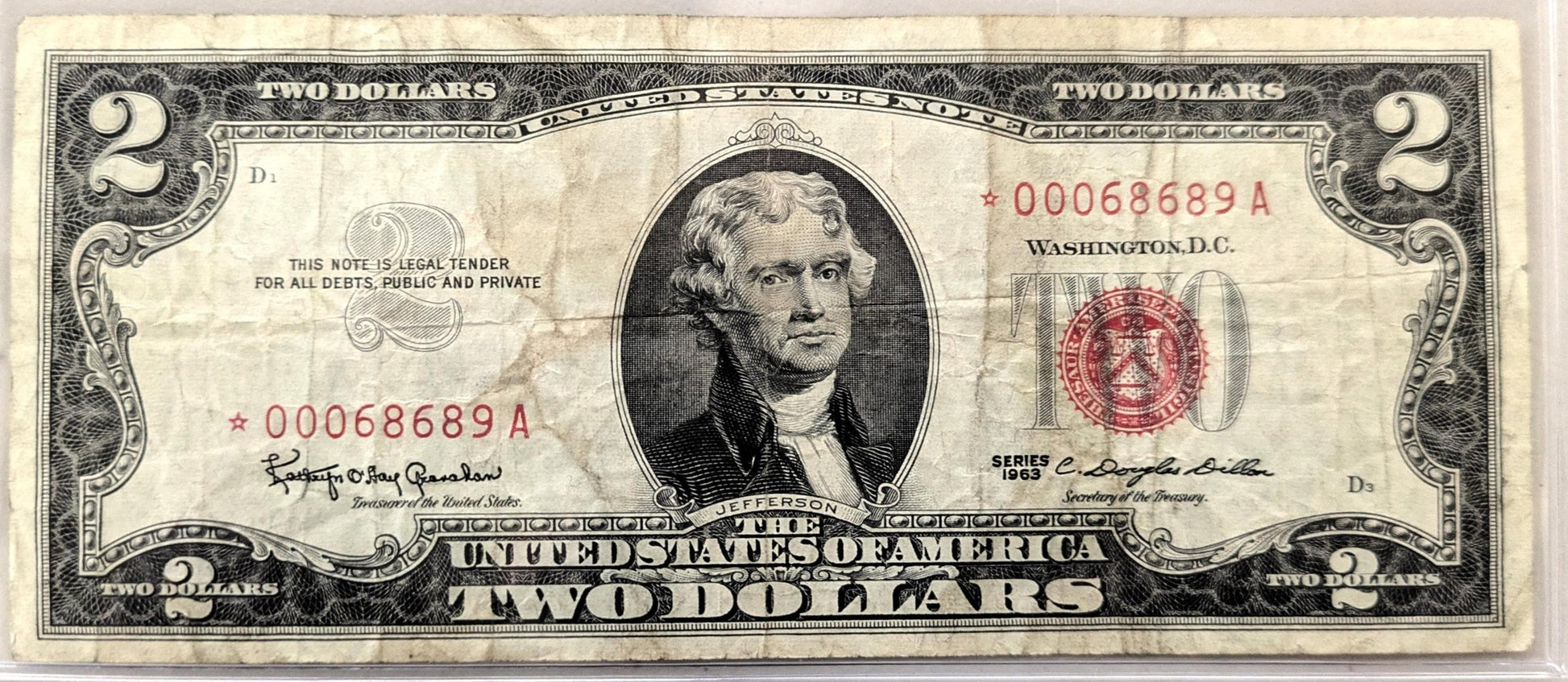 1963 Star Red Seal 2 Dollar Note - Vf (Very Fine) Grade - Low Fancy Serial Number, 5 Digits - 1963 Two Dollar U.s. Star Note - Fr#1513*