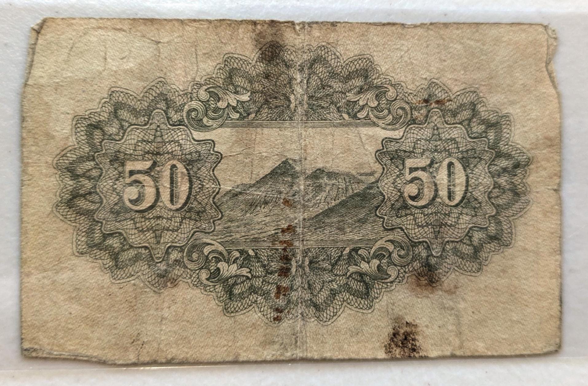 1938 Imperial Japan Fractional 50 Sen Note - Mt Fuji Type - Showa Era, WWII - Very Fine (VF) - 1938 Japanese Fifty Sen Fuji Banknote - P#58