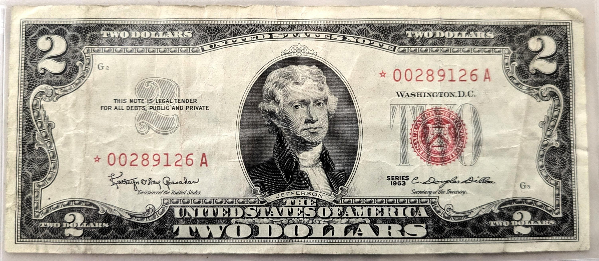 1963 STAR NOTE Red Seal 2 Dollar Note - VF (Very Fine) Grade - LOW Serial Number, 6 Digits - 1963 Two Dollar U.S. Star Note - Fr#1513*