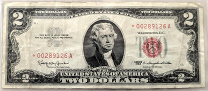 1963 STAR NOTE Red Seal 2 Dollar Note - VF (Very Fine) Grade - LOW Serial Number, 6 Digits - 1963 Two Dollar U.S. Star Note - Fr#1513*