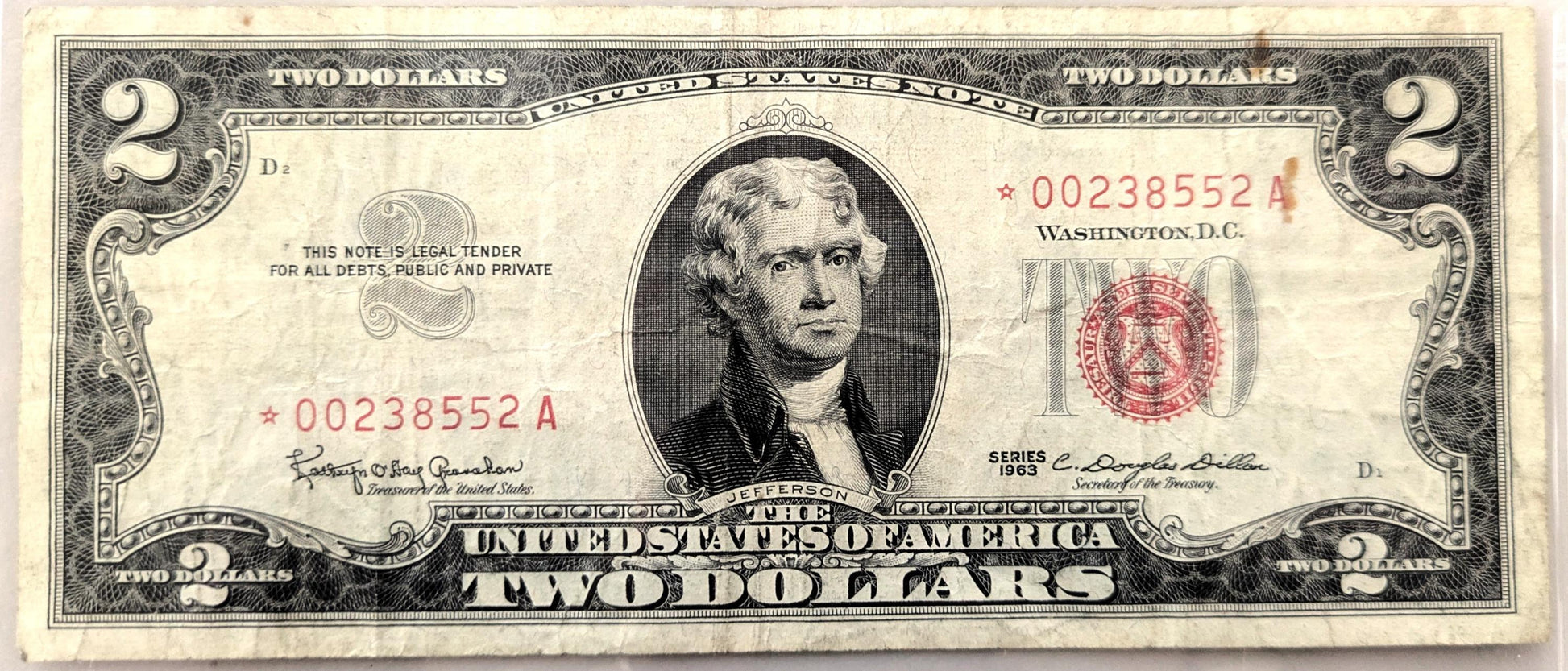 1963 STAR NOTE Red Seal 2 Dollar Note - VF (Very Fine) Grade - LOW Serial Number, 6 Digits - 1963 Two Dollar U.S. Star Note - Fr#1513*