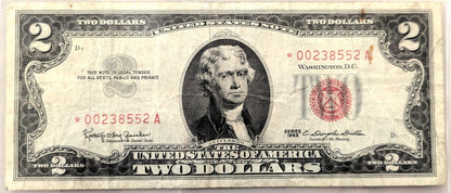 1963 STAR NOTE Red Seal 2 Dollar Note - VF (Very Fine) Grade - LOW Serial Number, 6 Digits - 1963 Two Dollar U.S. Star Note - Fr#1513*