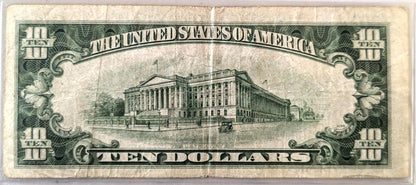 1934D 10 Dollar Silver Certificate Note - B-A Block - Very Fine (Vf) Grade - Blue Seal 1934-D Ten Dollar Silver Cert Note - Fr#1705