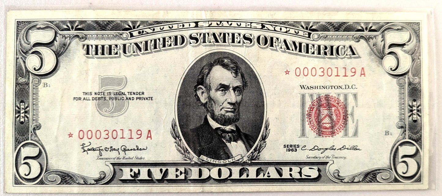 1963 Red Seal 5 Dollar Star Note - AU Grade - Low Serial Numbers - Choice of Serial - 1963 Five Dollar US Legal Star Note - Fr#1536*