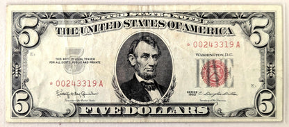 1963 Red Seal 5 Dollar Star Note - AU Grade - Low Serial Numbers - Choice of Serial - 1963 Five Dollar US Legal Star Note - Fr#1536*