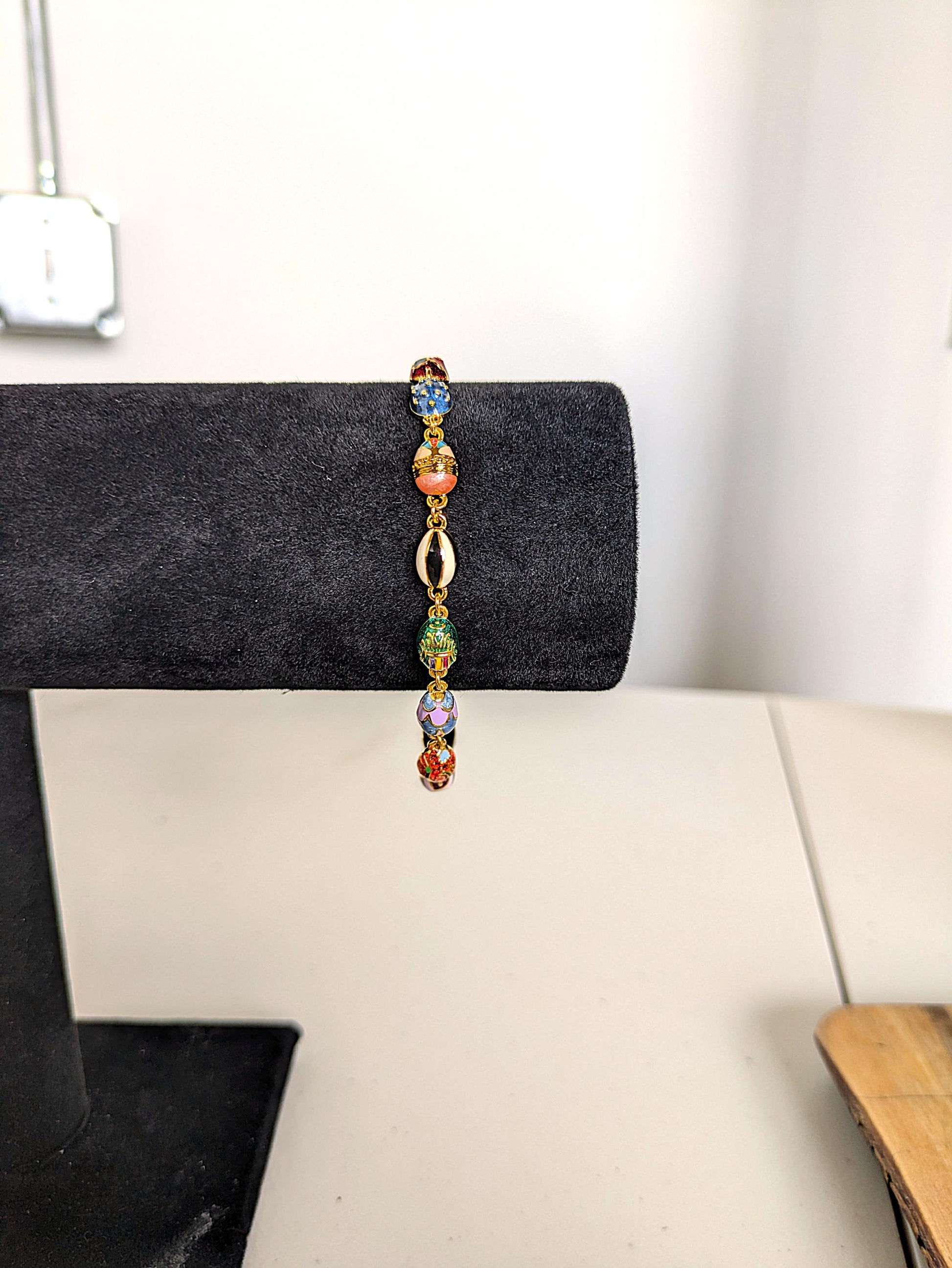 Vintage Joan Rivers Gold Toned Faberge Egg Bracelet - 8 Inches - Enamel Faberge Egg Bracelet - Faberge Ladybug Bracelet