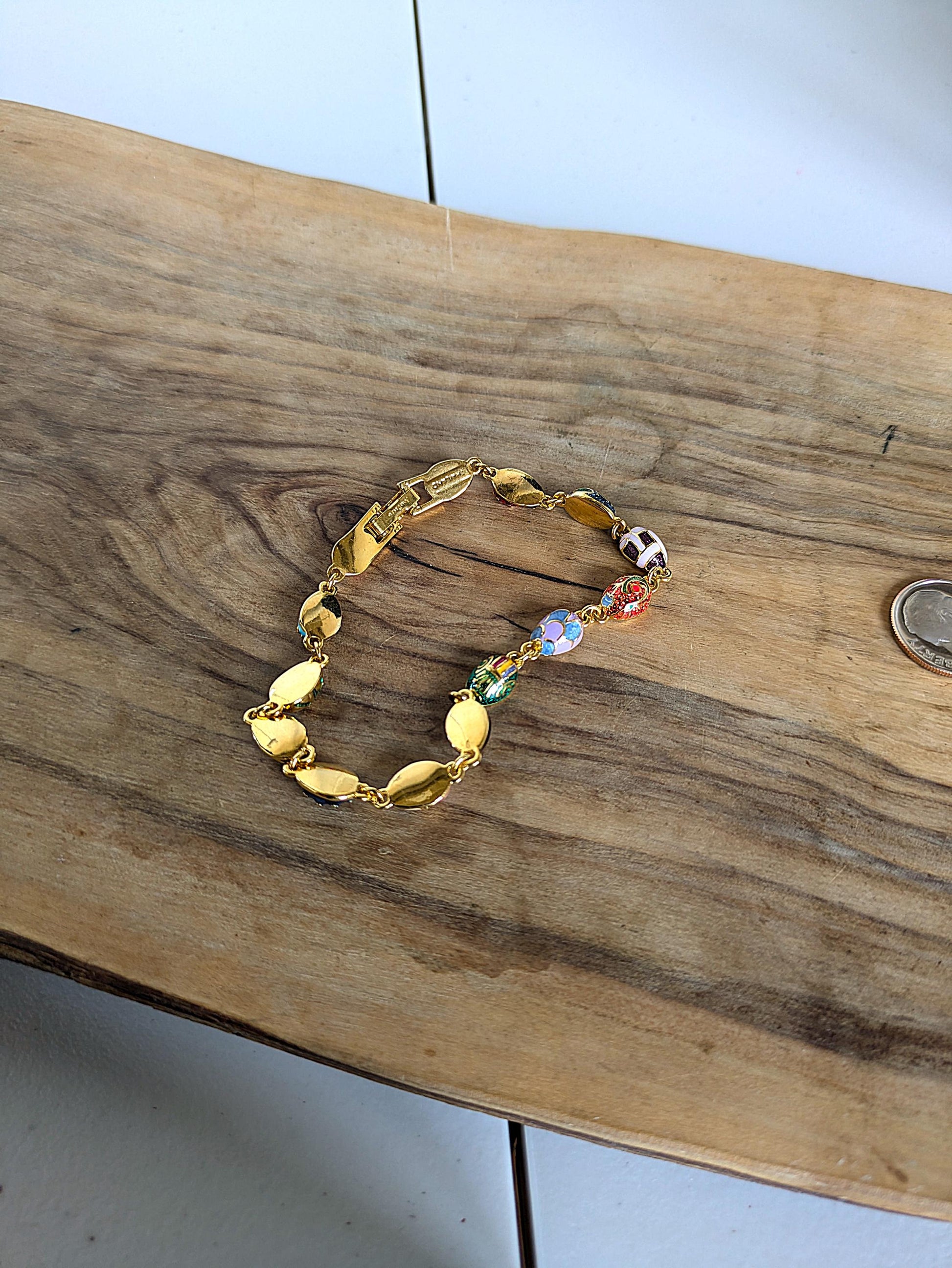 Vintage Joan Rivers Gold Toned Faberge Egg Bracelet - 8 Inches - Enamel Faberge Egg Bracelet - Faberge Ladybug Bracelet