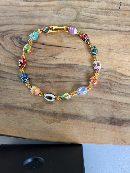 Vintage Joan Rivers Gold Toned Faberge Egg Bracelet - 8 Inches - Enamel Faberge Egg Bracelet - Faberge Ladybug Bracelet