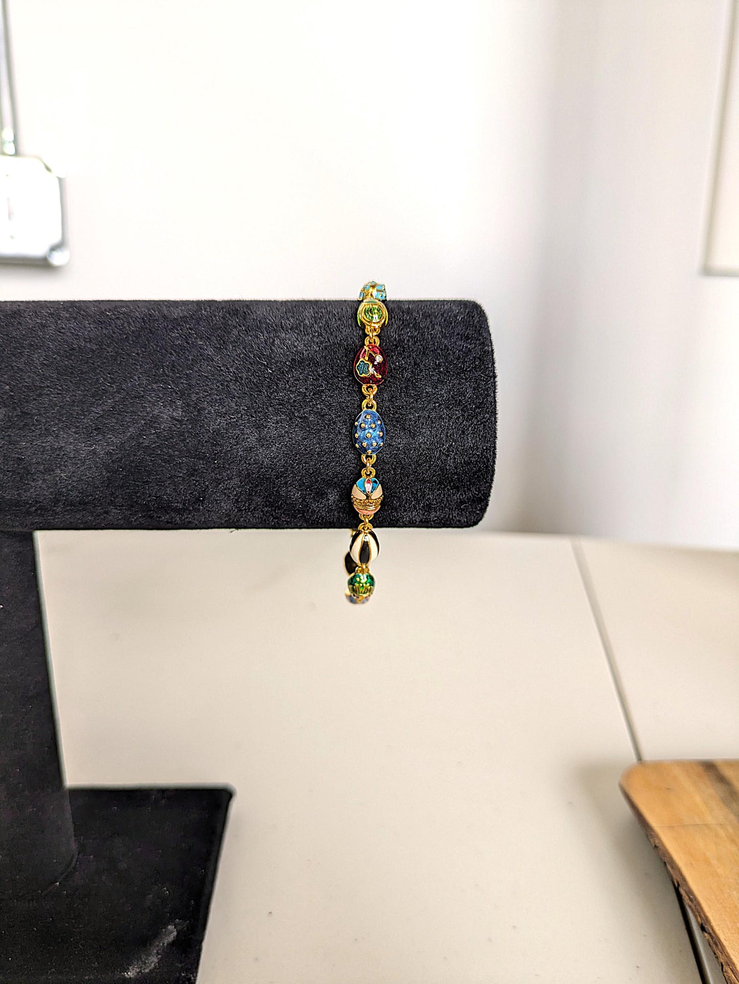 Vintage Joan Rivers Gold Toned Faberge Egg Bracelet - 8 Inches - Enamel Faberge Egg Bracelet - Faberge Ladybug Bracelet