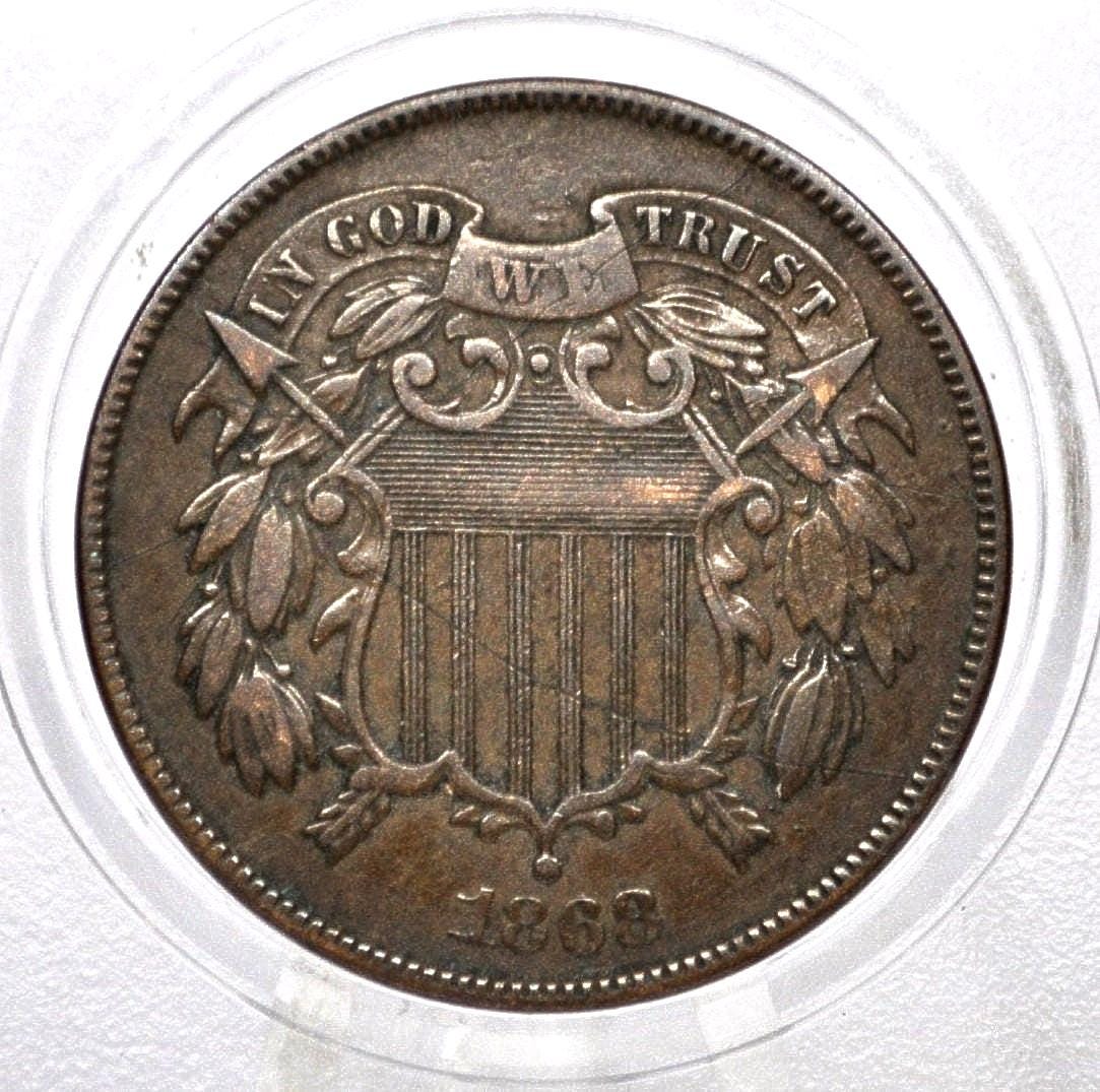 1868 Two Cent US Coin - G-XF (Good to Extreemly Fine) Grade / Condition - Civil War Era Coin - 1868 US 2 Cent Coin 1868 Two cent Piece