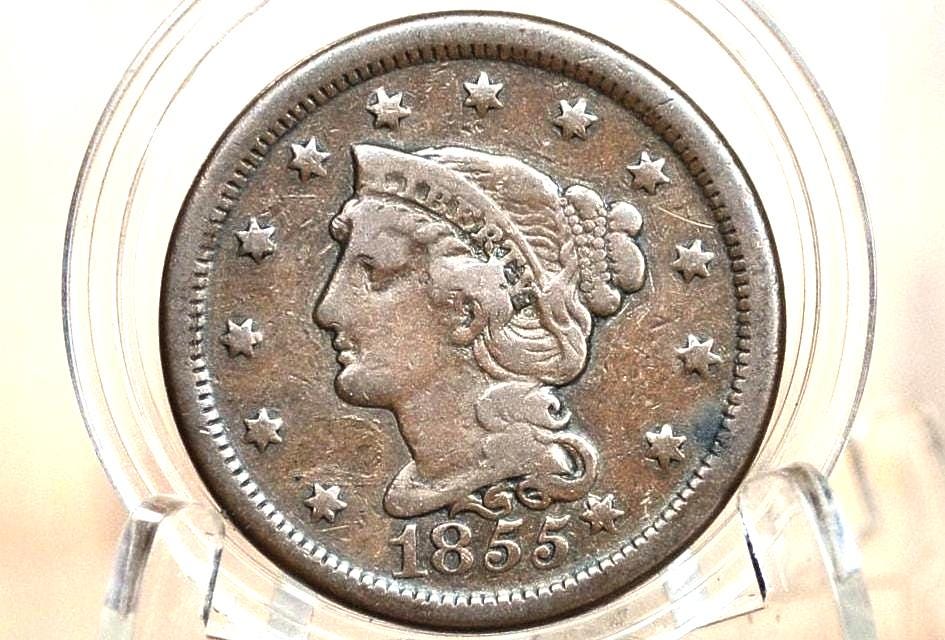 1855 Braided Hair Large Cent - Slanted 5's, Knob on Ear - 1855 Rarer Variety 1855 US Large Cent - Braided Hair Slanted 5 Knob - Rare Variety