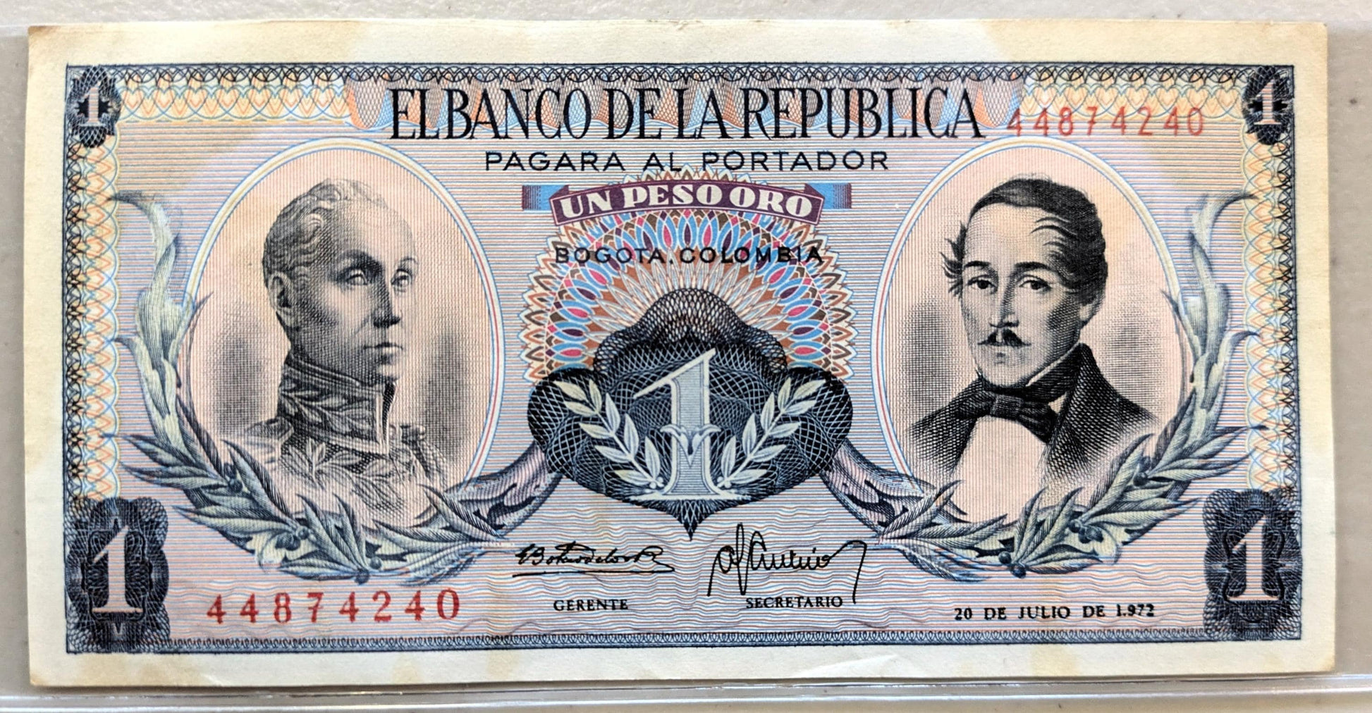 1972 Colombia 1 Peso Oro Note - Dot Year Issue (1.972) - No Security Thread - 1972 Colombian Republic One Un Peso Oro Banknote - P#404e