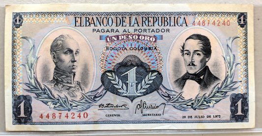1972 Colombia 1 Peso Oro Note - Dot Year Issue (1.972) - No Security Thread - 1972 Colombian Republic One Un Peso Oro Banknote - P#404e