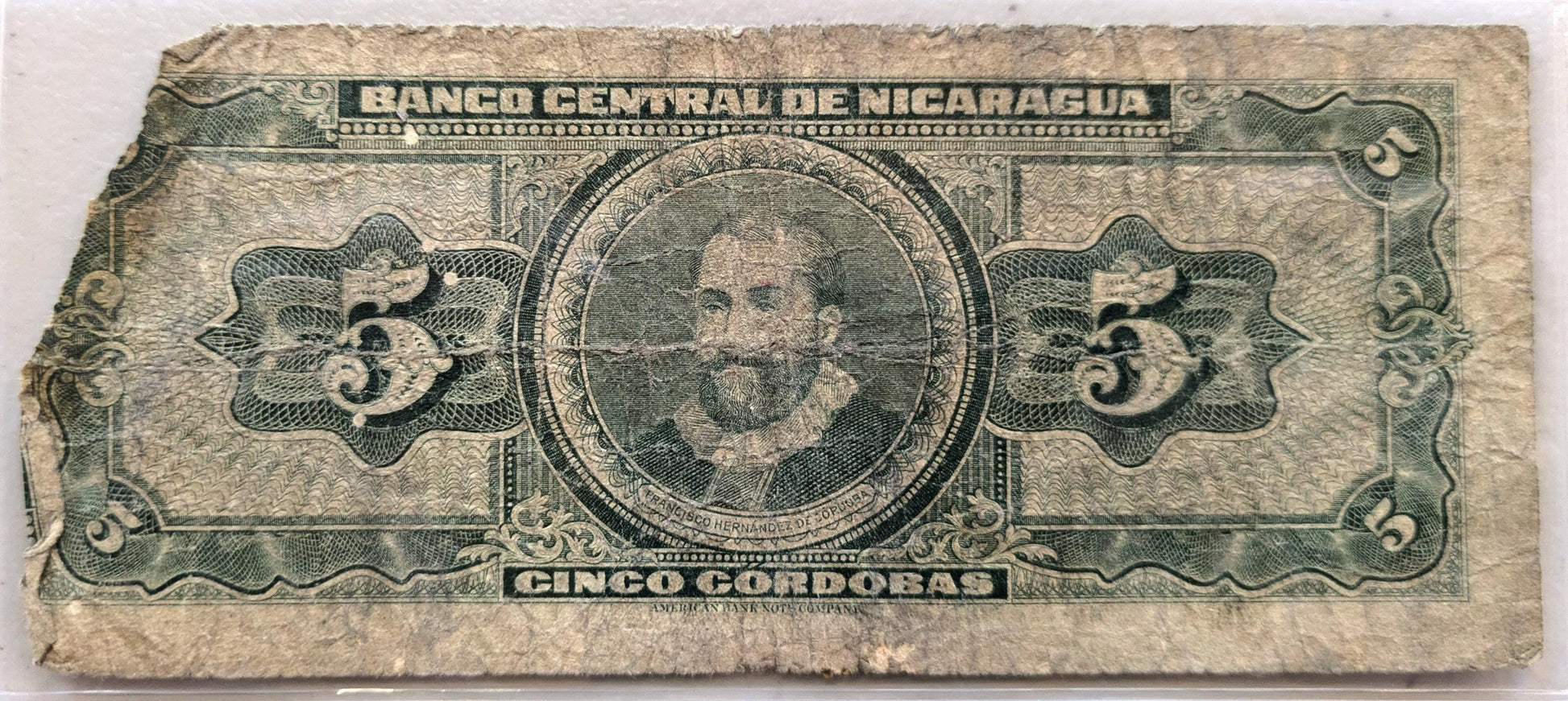 1962 Central Bank of Nicaragua 5 Cordobas Note - Series A - Corner Tear, Fine Grade - 1962 Nicaraguan Cinco Five Cordobas Banknote - P#108a