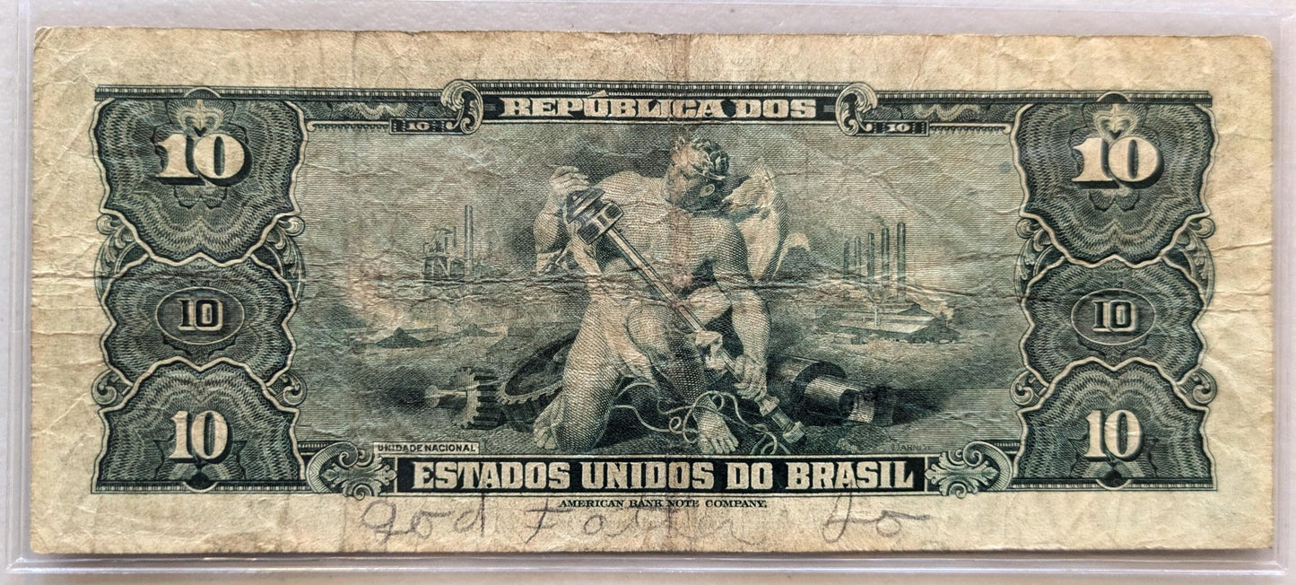 1943 Brazil Valor Recibido 10 Cruzieros Note - Hand Signed Type - Series 95a - 1943 Brazilian Treasury Ten Cruzeiros Banknote - P#135a