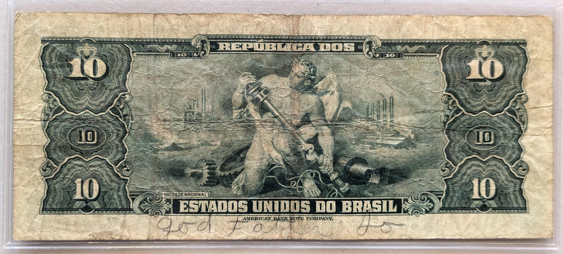 1943 Brazil Valor Recibido 10 Cruzieros Note - Hand Signed Type - Series 95a - 1943 Brazilian Treasury Ten Cruzeiros Banknote - P#135a