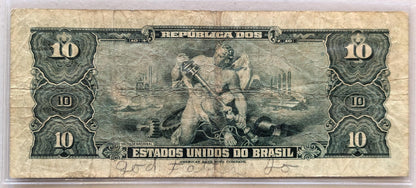 1943 Brazil Valor Recibido 10 Cruzieros Note - Hand Signed Type - Series 95a - 1943 Brazilian Treasury Ten Cruzeiros Banknote - P#135a