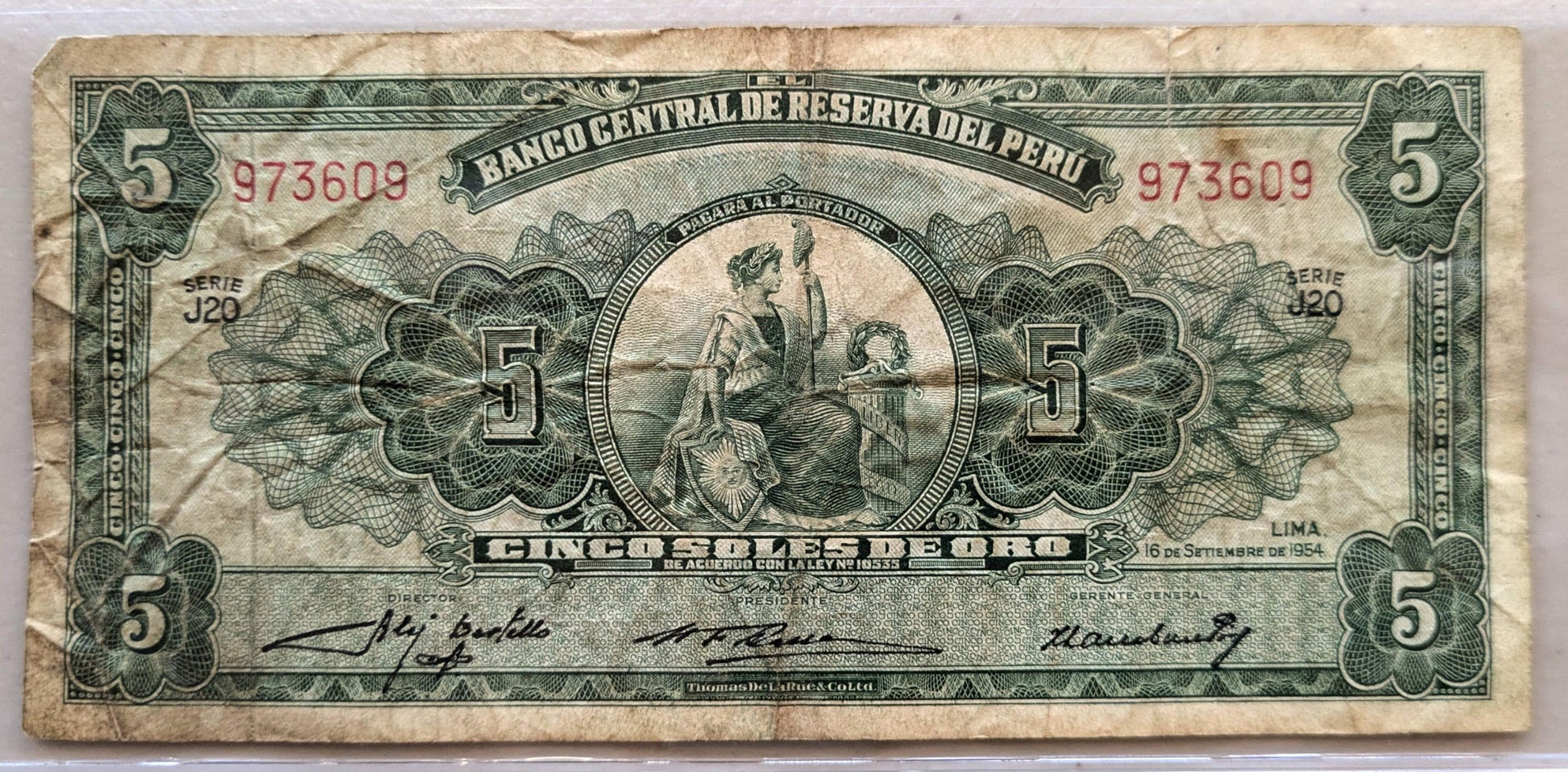 1954 Central Reserve Bank of Peru 5 Soles de Oro Note - Series J20 - 1954 Peruvian Cinco Five Soles de Oro Banknote - P#70a