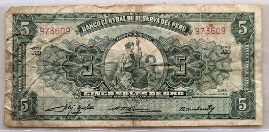 1954 Central Reserve Bank of Peru 5 Soles de Oro Note - Series J20 - 1954 Peruvian Cinco Five Soles de Oro Banknote - P#70a