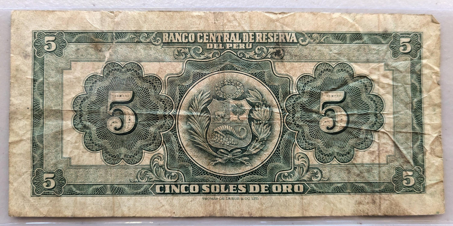 1954 Central Reserve Bank of Peru 5 Soles de Oro Note - Series J20 - 1954 Peruvian Cinco Five Soles de Oro Banknote - P#70a