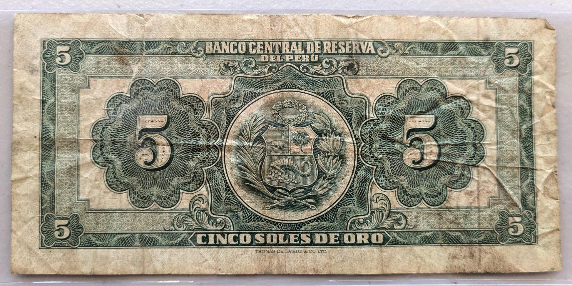 1954 Central Reserve Bank of Peru 5 Soles de Oro Note - Series J20 - 1954 Peruvian Cinco Five Soles de Oro Banknote - P#70a