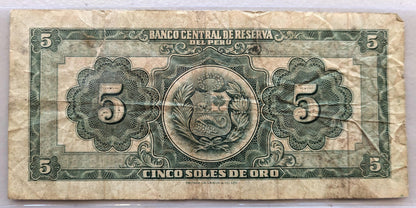1954 Central Reserve Bank of Peru 5 Soles de Oro Note - Series J20 - 1954 Peruvian Cinco Five Soles de Oro Banknote - P#70a