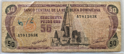 1991 Dominican Republic 50 Pesos Oro Banknote - Very Fine (VF) Grade - 1991 Dominican Republic Cincuenta Fifty Pesos Oro Note - P#135a