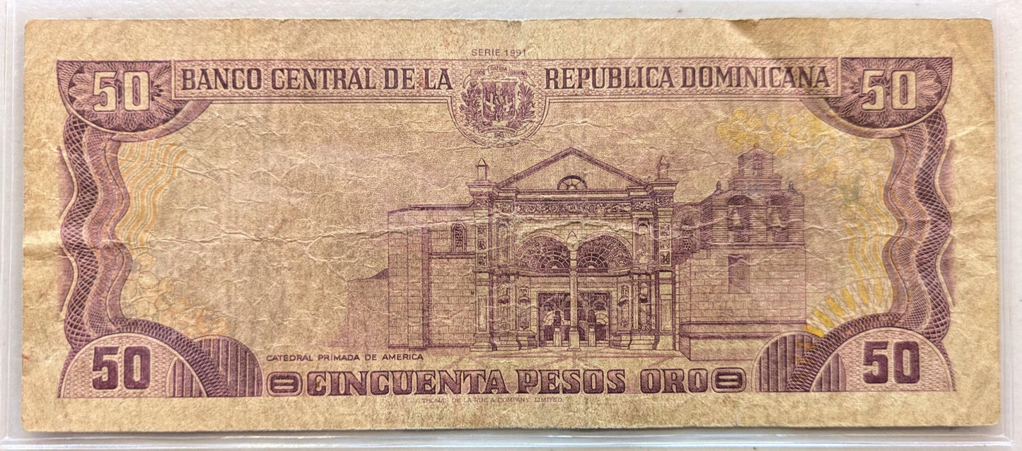 1991 Dominican Republic 50 Pesos Oro Banknote - Very Fine (VF) Grade - 1991 Dominican Republic Cincuenta Fifty Pesos Oro Note - P#135a