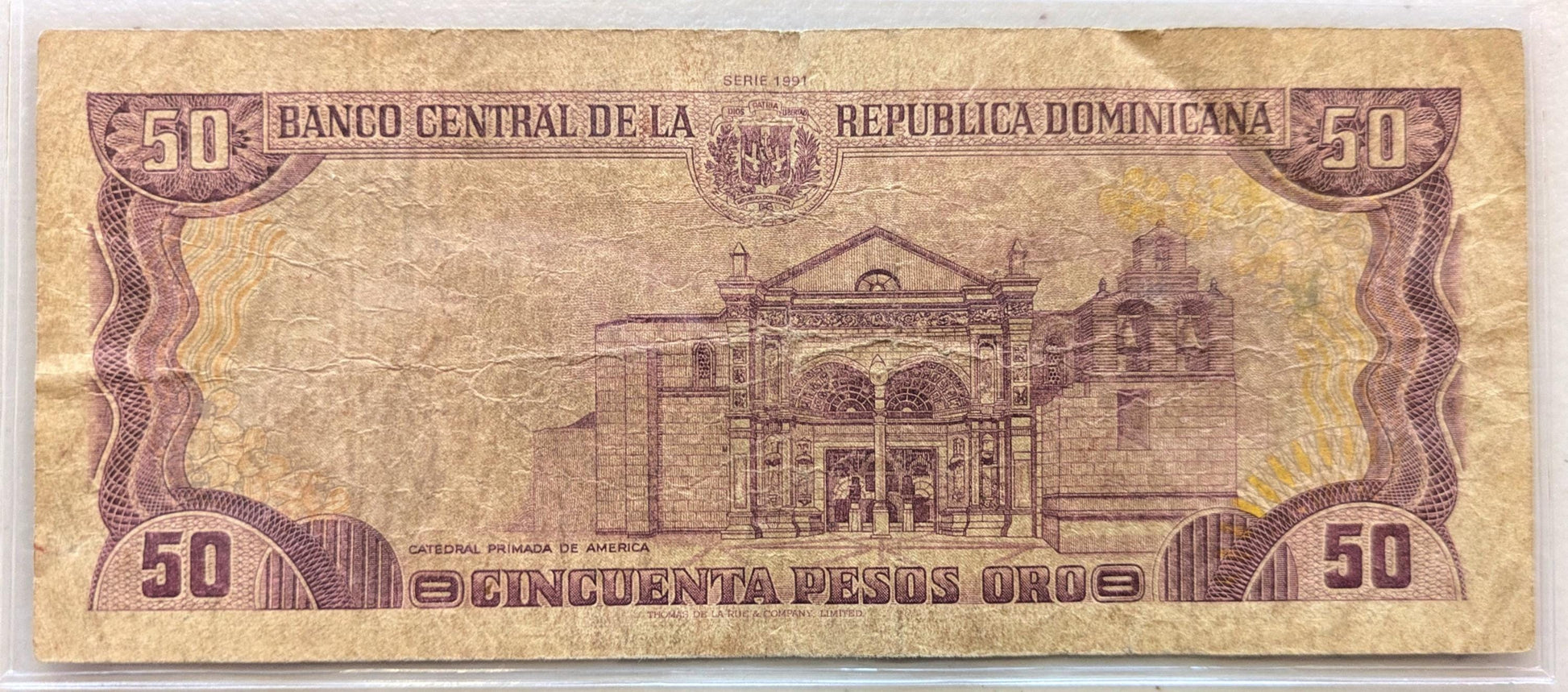1991 Dominican Republic 50 Pesos Oro Banknote - Very Fine (VF) Grade - 1991 Dominican Republic Cincuenta Fifty Pesos Oro Note - P#135a