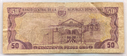 1991 Dominican Republic 50 Pesos Oro Banknote - Very Fine (VF) Grade - 1991 Dominican Republic Cincuenta Fifty Pesos Oro Note - P#135a