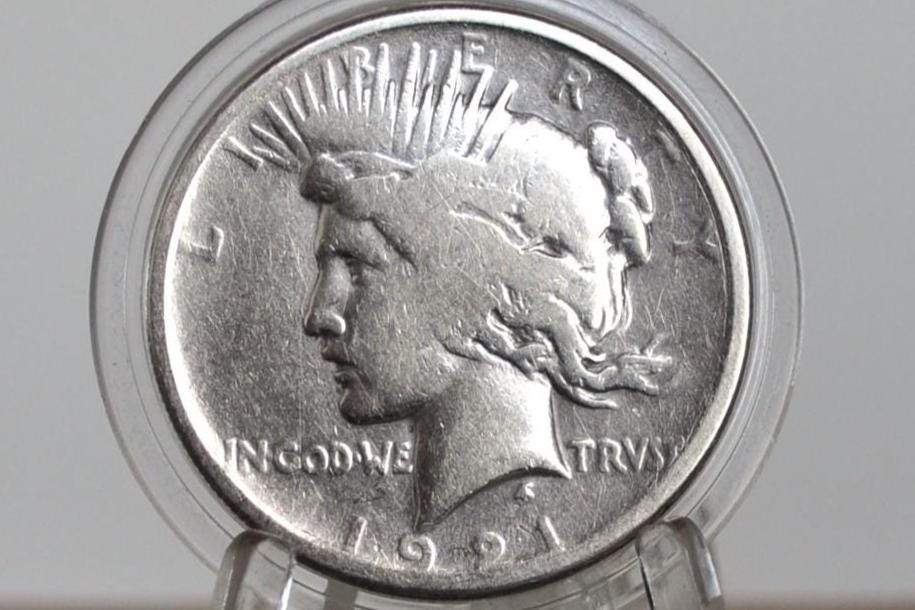 1921 Peace Silver Dollar - Great Detail, Cleaned - 1921 High Relief Peace Dollar Silver - Rarer Coin