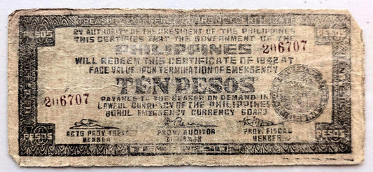 1942 Philippines Bohol Emergency 10 Peso Note - WWII Emergency Currency Philippines - 1942 Bohol Filipino Ten Pesos Banknote - P#S137j