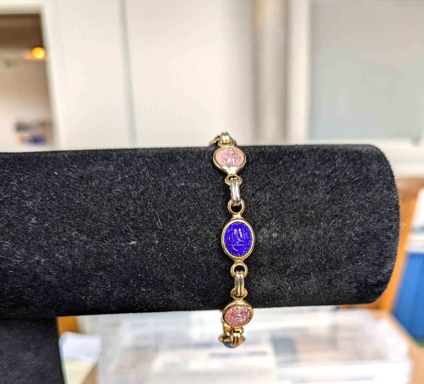 Vintage Egyptian Scarab Gold-Tone Bracelet - 19 Inches - Egyptian Revival Scarab Bracelet - Multicolor Scarab Bracelet - Scarab Amulet