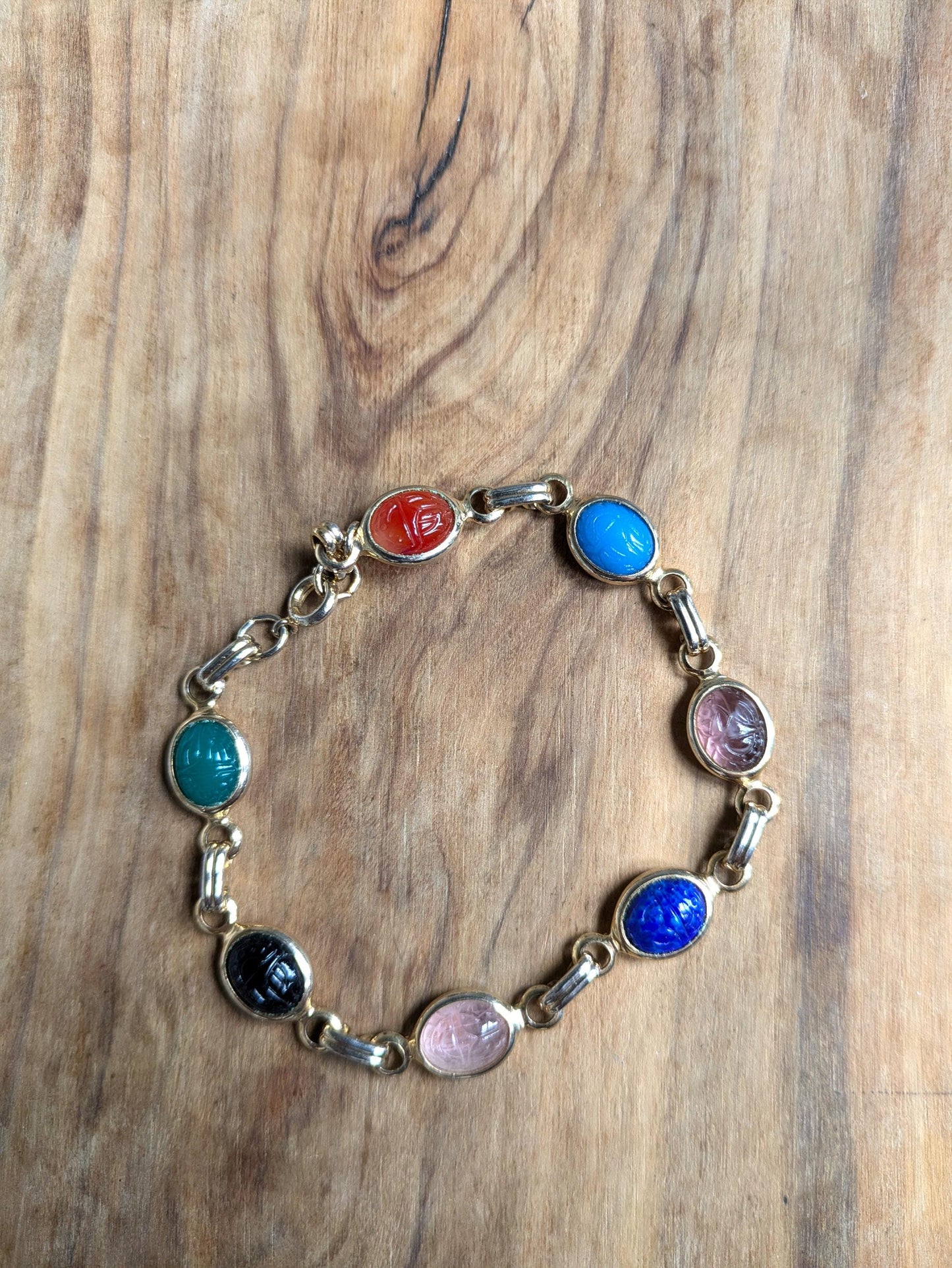Vintage Egyptian Scarab Gold-Tone Bracelet - 19 Inches - Egyptian Revival Scarab Bracelet - Multicolor Scarab Bracelet - Scarab Amulet