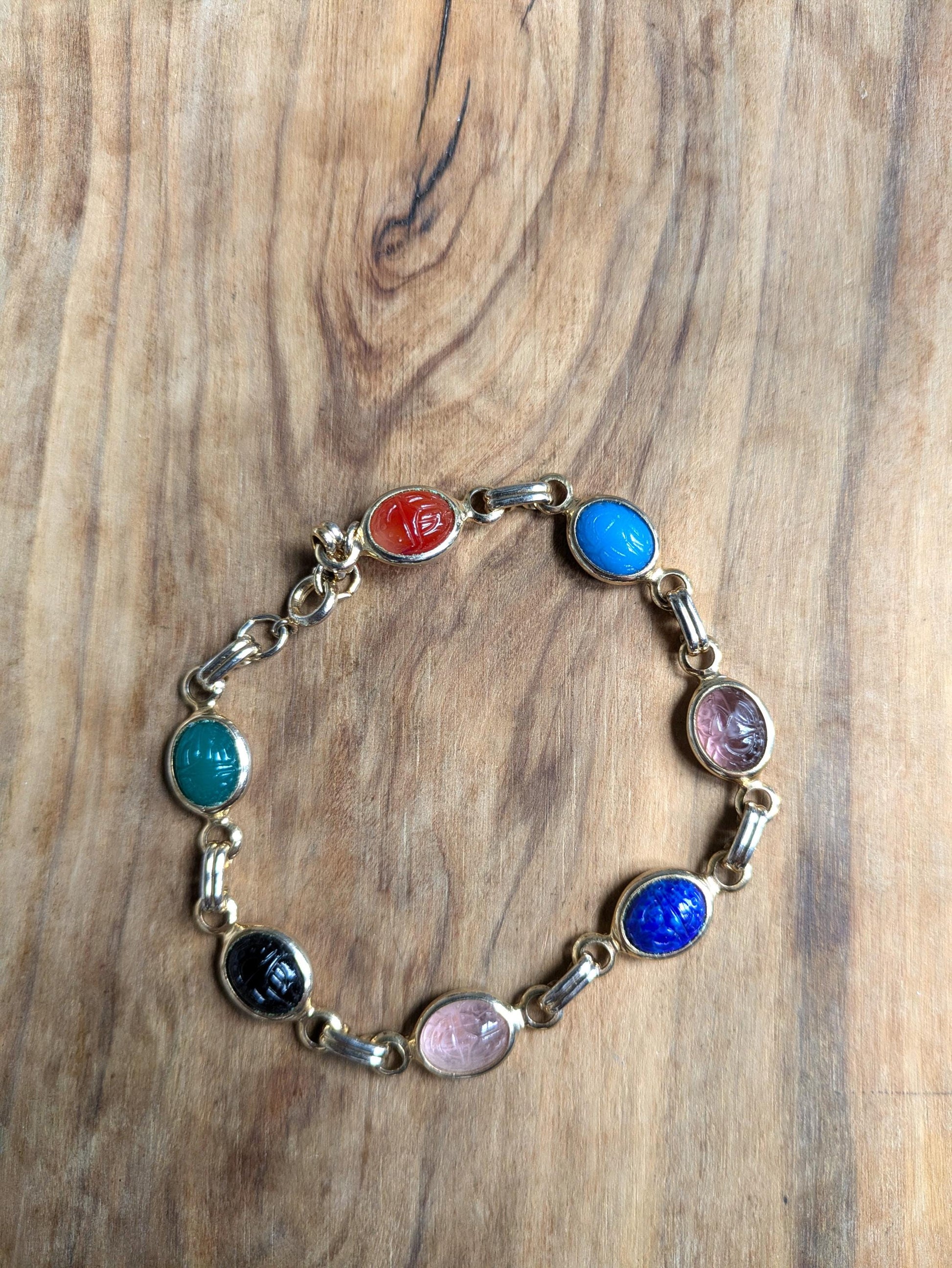 Vintage Egyptian Scarab Gold-Tone Bracelet - 19 Inches - Egyptian Revival Scarab Bracelet - Multicolor Scarab Bracelet - Scarab Amulet