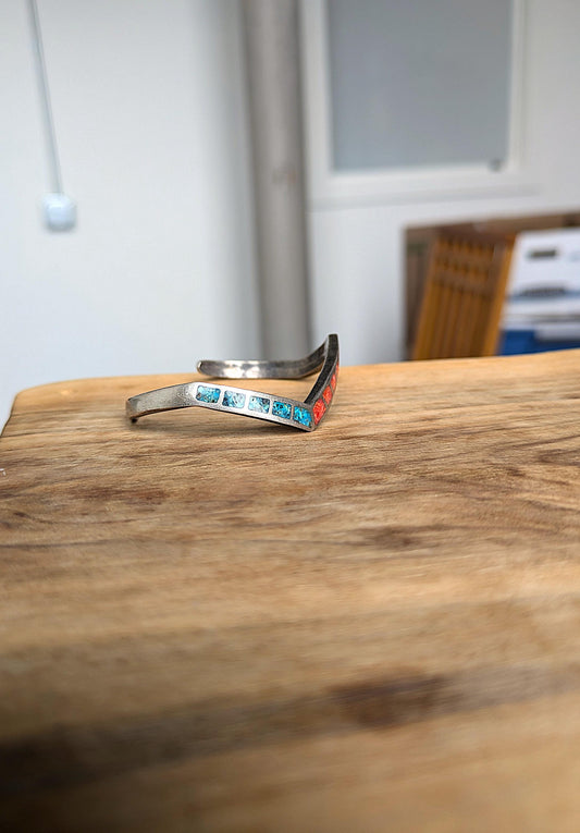 Vintage Small Sterling Silver Native Southwest Turquoise & Coral Chip Inlay Cuff Bracelet - Zig-Zag Design Cuff Bracelet - Petite Bracelet