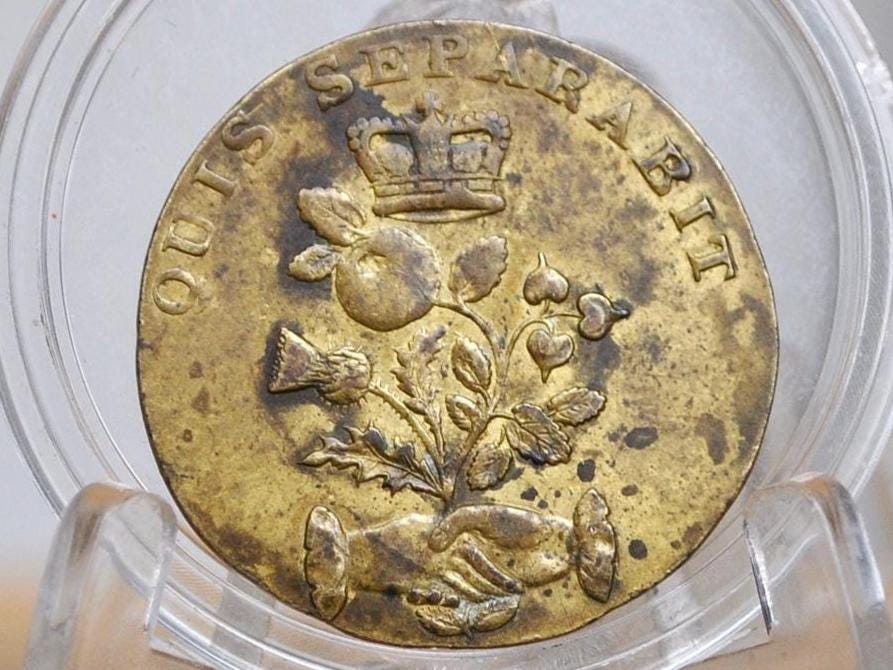 1801 Irish Acts of Union Trade Token - British/Irish Union Trade Token - Great Condition - Quis Separabit ? -Historical Token -