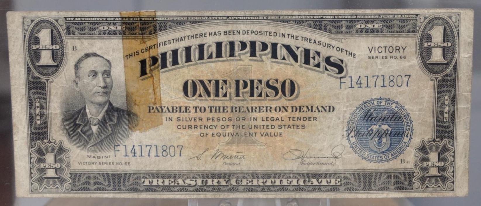 1944 Philippines 1 Peso Victory Note - Choice of Condition - U.S. Occupation - 1944 One Peso Philippines Victory Banknote - P#94a