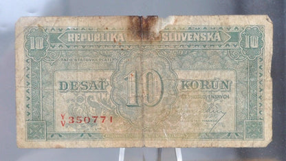 1945 Czechoslovakia Republic 10 Korun Note - Republika Ceskoslovenska - Prefix Y/V - 1945 Czechoslovakian Ten Korun Banknote - P#60a