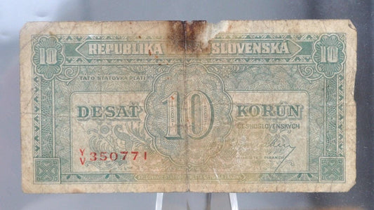 1945 Czechoslovakia Republic 10 Korun Note - Republika Ceskoslovenska - Prefix Y/V - 1945 Czechoslovakian Ten Korun Banknote - P#60a