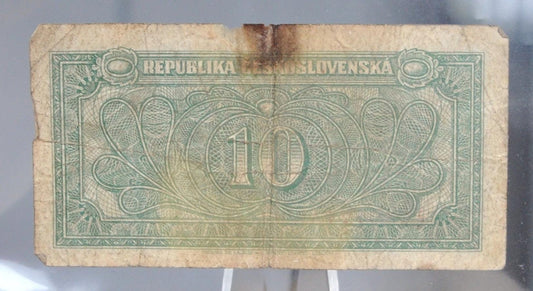 1945 Czechoslovakia Republic 10 Korun Note - Republika Ceskoslovenska - Prefix Y/V - 1945 Czechoslovakian Ten Korun Banknote - P#60a