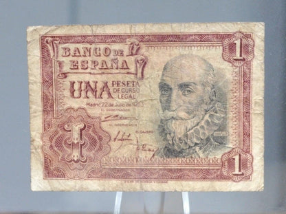 1953 Bank of Spain 1 Peseta Bank Note - Marques de Santa Cruz Type - Letter-Number Serial - 1953 Spanish Una One Peseta Note - P#144a