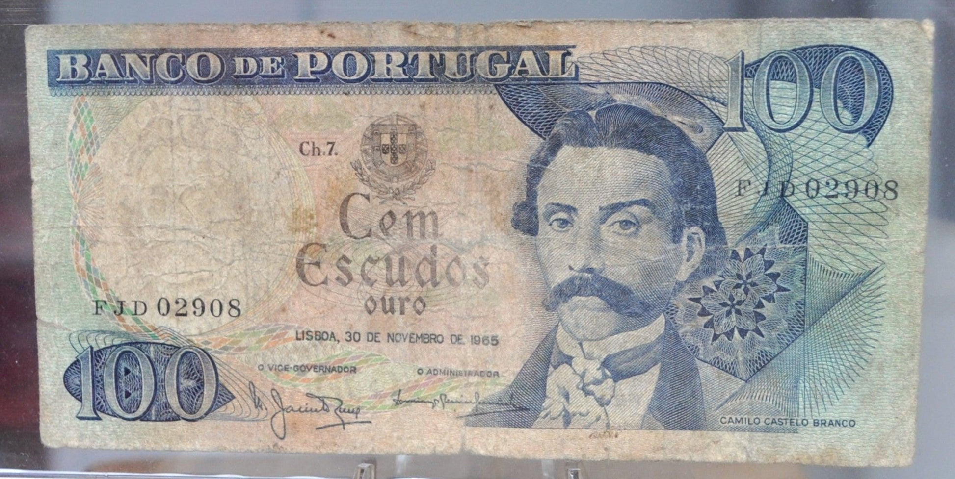 1965 Bank of Portugal 100 Escudos Note - Camilo Castelo Branco Type - 1965 Portuguese One Hundred (Cem) Escudos Banknote - P#169a