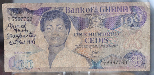 1984 Bank of Ghana 100 Cedis Note - Earlier Issue Date - Very Fine (VF) Grade, Writing - 1984 Ghana One Hundred Cedis Banknote - P#26a