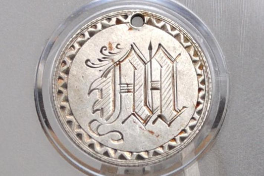 Genuine Antique Love Token, "M" - Made From an 1834 Silver Dime - Beautiful Scroll Work, 1800s Silver Love Token Simple Letter M