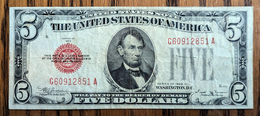 1928-D Us 5 Dollar Legal Tender Note - Red Seal Note - Very Fine (Vf) - 1928D Five Dollar Legal Tender Us Note - Fr.1529