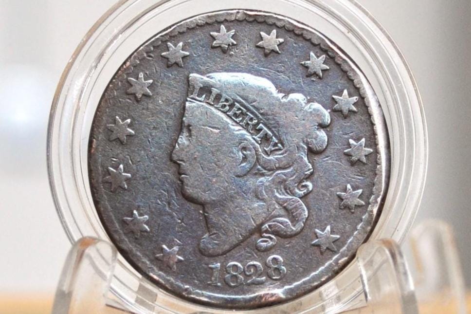 1828 Matron Head Large Cent - VG (Very Good) Grade / Condition - 1828 Coronet Liberty Head Cent - 1828 Penny