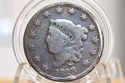 1828 Matron Head Large Cent - VG (Very Good) Grade / Condition - 1828 Coronet Liberty Head Cent - 1828 Penny